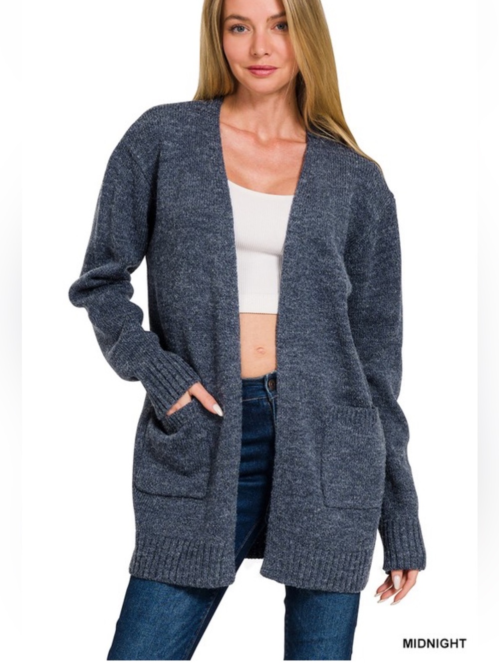 Zenana open front sweater cardigan relaxed fit size medium in midnight NWOT